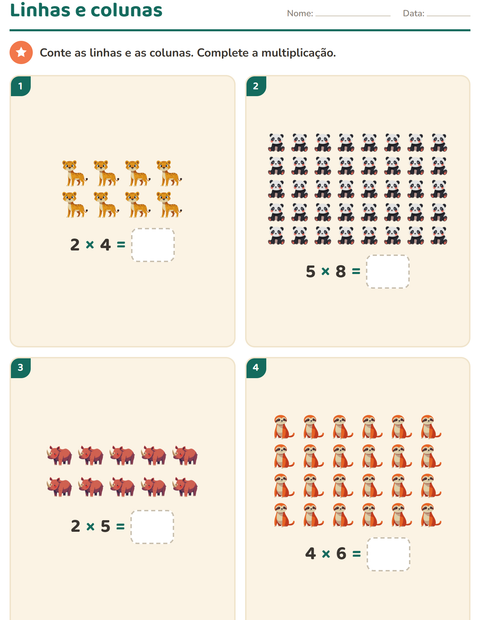 Pré-visualização da ficha de Multiplicação com Animais do zoológico para 2º ano do ensino fundamental