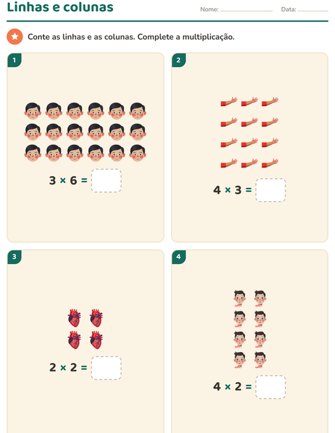 Pré-visualização da ficha de Multiplicação com Partes do corpo para 2º ano do ensino fundamental