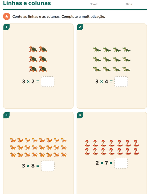 Pré-visualização da ficha de Multiplicação com Répteis e anfíbios para 2º ano do ensino fundamental