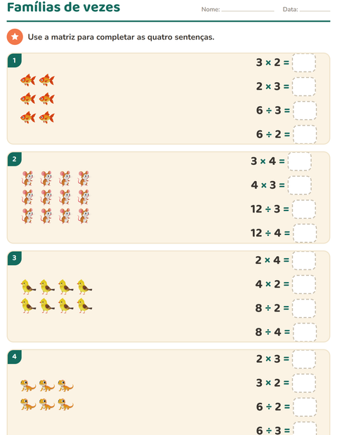 Pré-visualização da ficha de Multiplicação com Animais de estimação para 3º ano do ensino fundamental