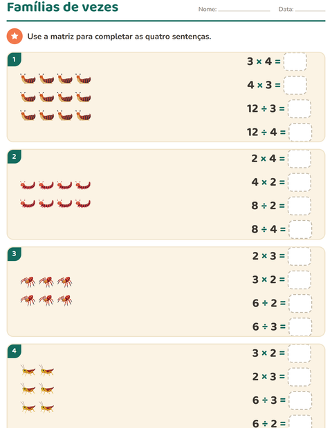 Pré-visualização da ficha de Multiplicação com Insetos e bichos para 3º ano do ensino fundamental