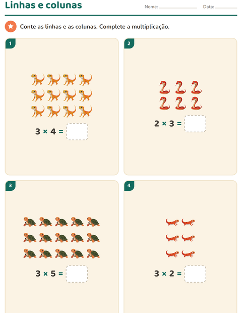 Pré-visualização da ficha de Multiplicação com Répteis e anfíbios para 2º ano do ensino fundamental