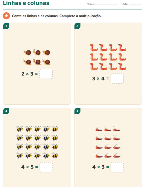 Pré-visualização da ficha de Multiplicação com Insetos e bichos para 2º ano do ensino fundamental