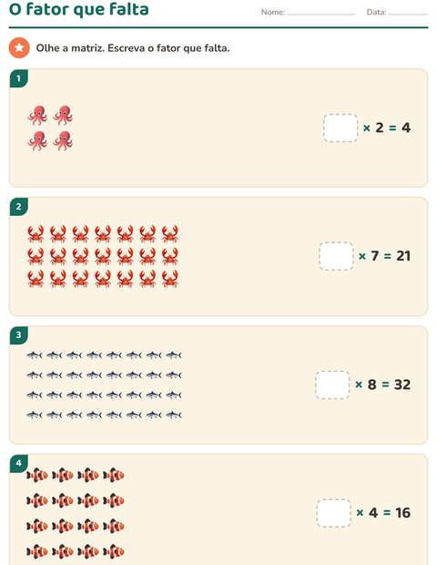 Pré-visualização da ficha de Multiplicação com Vida marinha para 3º ano do ensino fundamental