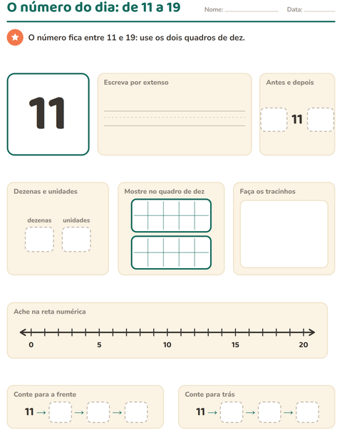 Número do dia de 11 a 19: quadros de dez, riscos e reta até 20