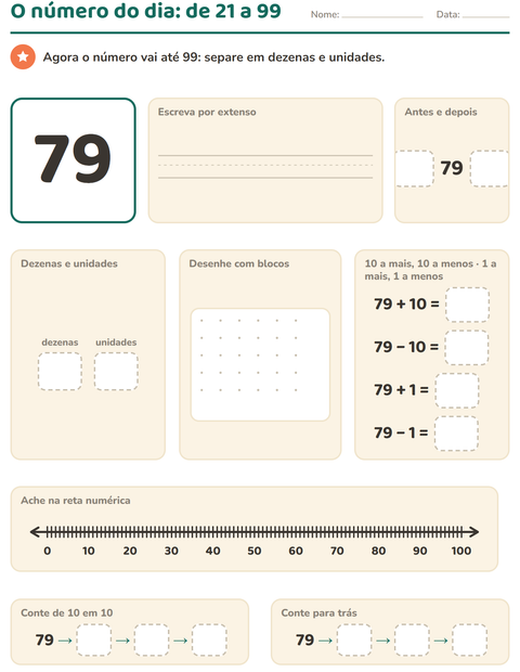 Prévia: Número do dia até 99: quatro contas e reta numérica até 100