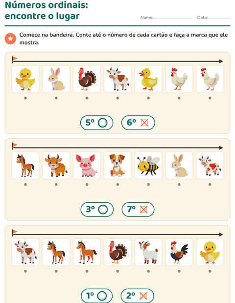 Pré-visualização da ficha de Números ordinais com Animais da fazenda para Educação infantil (pré-escola, 5-7 anos)