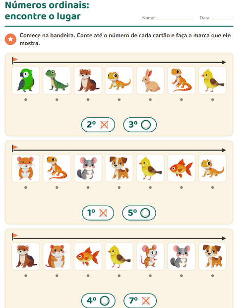 Pré-visualização da ficha de Números ordinais com Animais de estimação para Educação infantil (pré-escola, 5-7 anos)