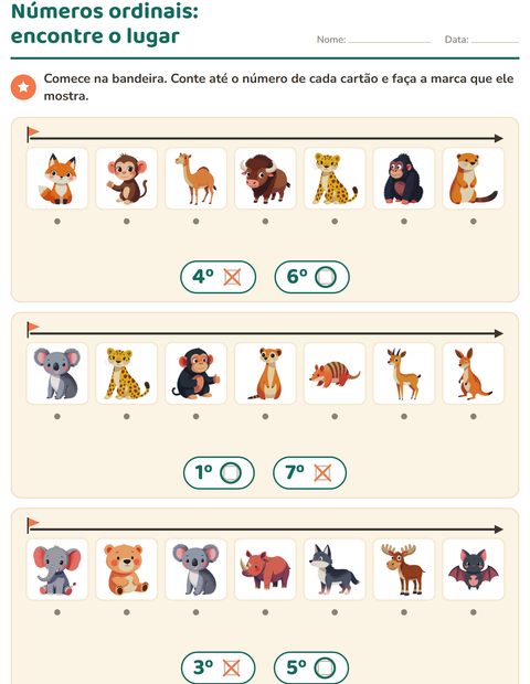 Pré-visualização da ficha de Números ordinais com Animais do zoológico para Educação infantil (pré-escola, 5-7 anos)