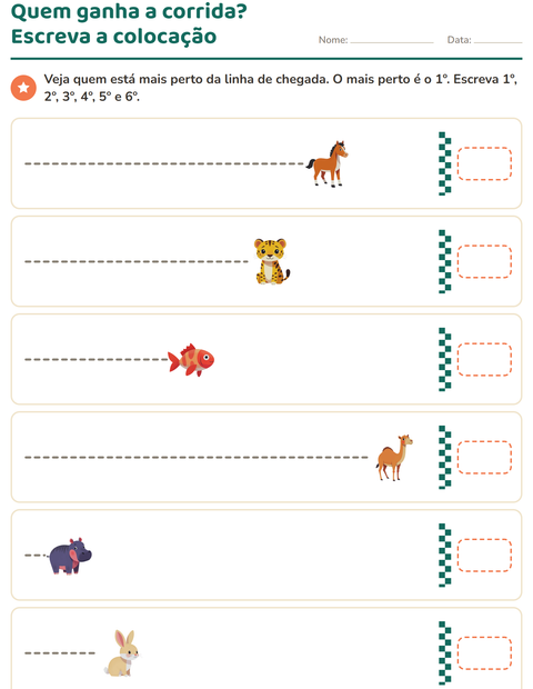 Pré-visualização da ficha de Números ordinais com Animais para 1º ano do ensino fundamental