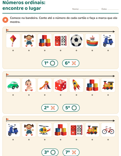 Pré-visualização da ficha de Números ordinais com Brinquedos para Educação infantil (pré-escola, 5-7 anos)