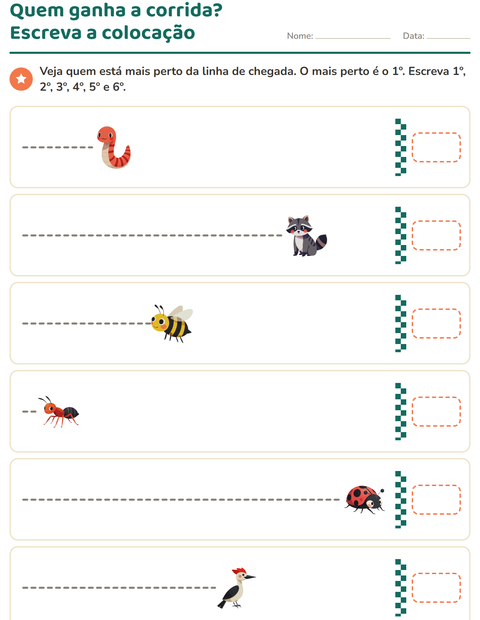 Pré-visualização da ficha de Números ordinais com Criaturas da floresta para 1º ano do ensino fundamental