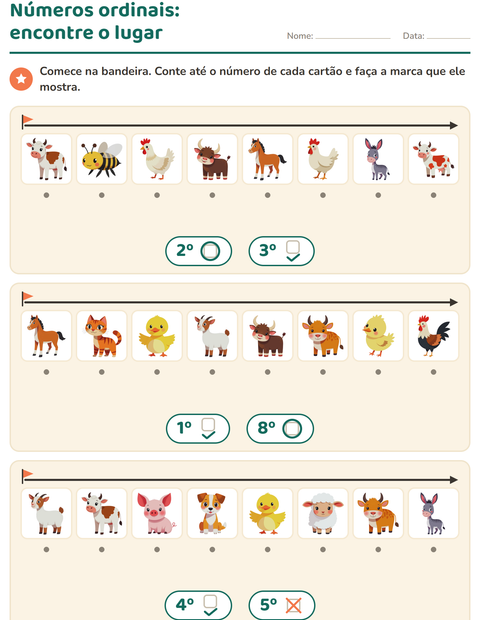Pré-visualização da ficha de Números ordinais com Animais da fazenda para Educação infantil (pré-escola, 5-7 anos)