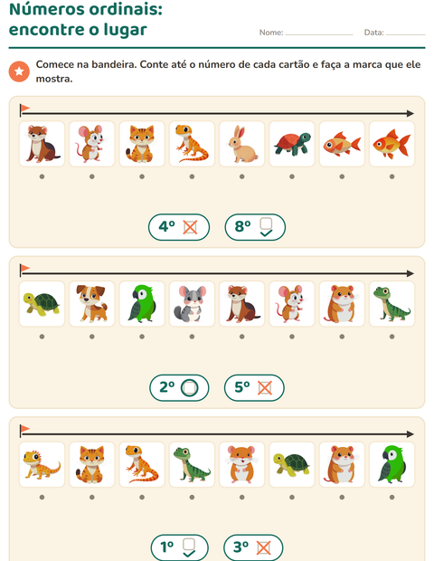 Pré-visualização da ficha de Números ordinais com Animais de estimação para Educação infantil (pré-escola, 5-7 anos)
