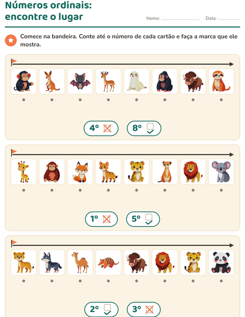 Pré-visualização da ficha de Números ordinais com Animais do zoológico para Educação infantil (pré-escola, 5-7 anos)
