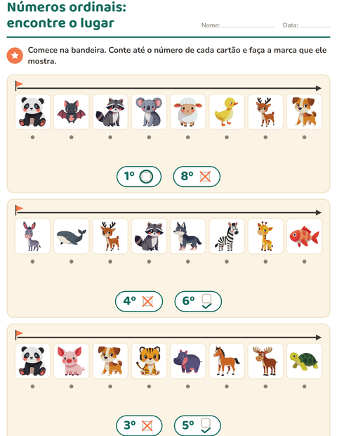 Pré-visualização da ficha de Números ordinais com Animais para Educação infantil (pré-escola, 5-7 anos)
