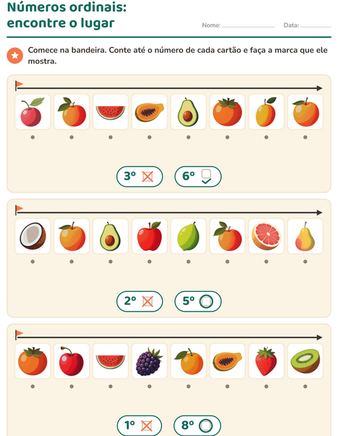 Pré-visualização da ficha de Números ordinais com Frutas para Educação infantil (pré-escola, 5-7 anos)