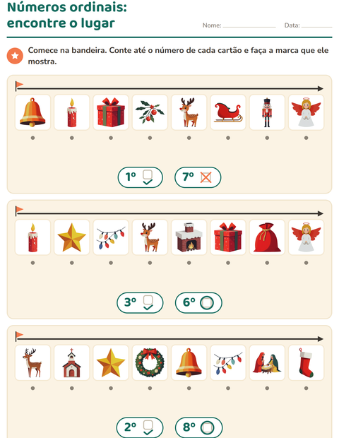 Pré-visualização da ficha de Números ordinais com Natal para Educação infantil (pré-escola, 5-7 anos)