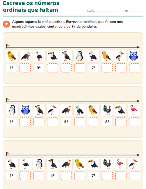 Pré-visualização da ficha de Números ordinais com Pássaros para 1º ano do ensino fundamental