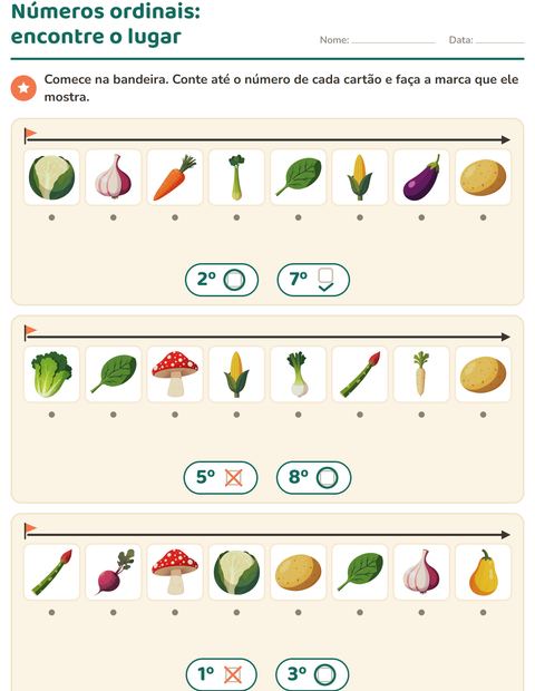 Pré-visualização da ficha de Números ordinais com Vegetais para Educação infantil (pré-escola, 5-7 anos)
