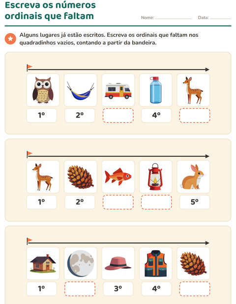Pré-visualização da ficha de Números ordinais com Acampamento para 1º ano do ensino fundamental
