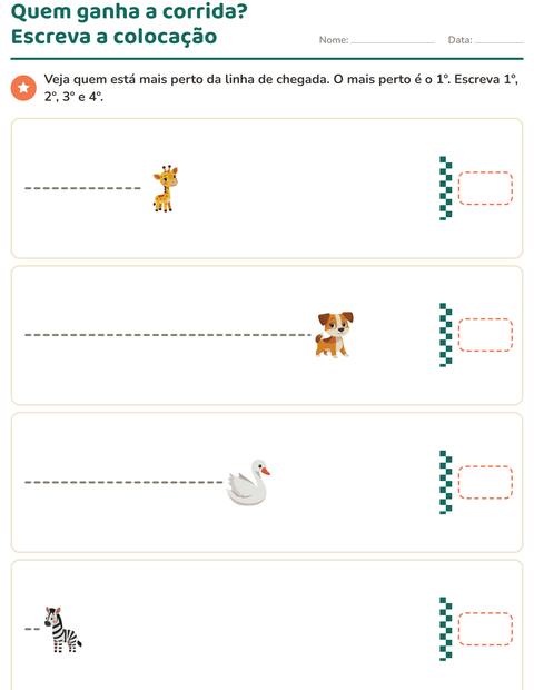 Pré-visualização da ficha de Números ordinais com Animais para 1º ano do ensino fundamental
