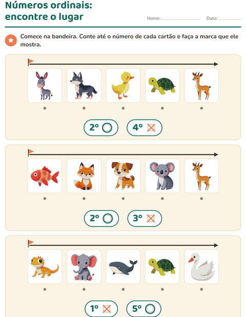 Pré-visualização da ficha de Números ordinais com Animais para Educação infantil (pré-escola, 5-7 anos)