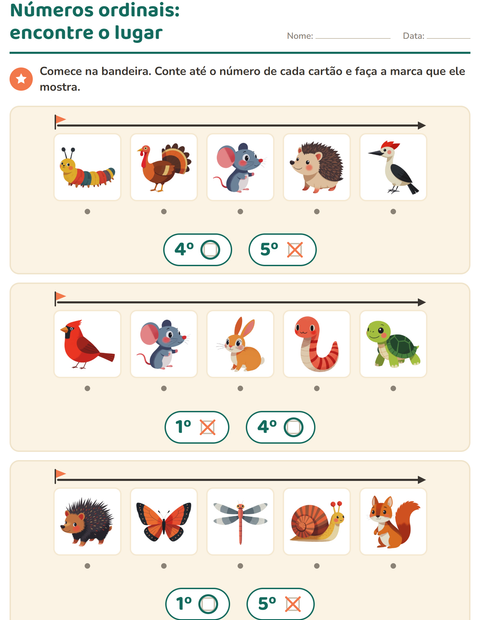 Pré-visualização da ficha de Números ordinais com Criaturas da floresta para Educação infantil (pré-escola, 5-7 anos)