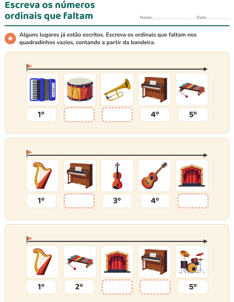 Pré-visualização da ficha de Números ordinais com Música para 1º ano do ensino fundamental