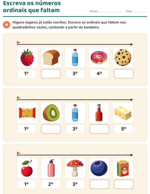 Pré-visualização da ficha de Números ordinais com No supermercado para 1º ano do ensino fundamental