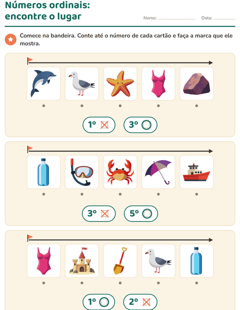 Pré-visualização da ficha de Números ordinais com Praia para Educação infantil (pré-escola, 5-7 anos)