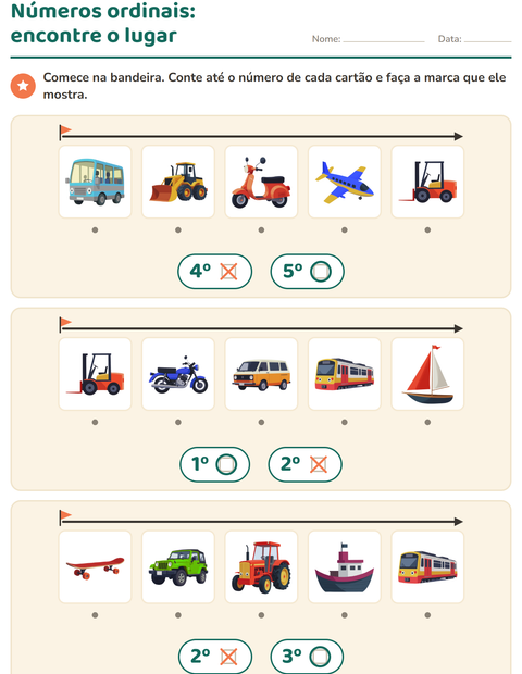 Pré-visualização da ficha de Números ordinais com Veículos para Educação infantil (pré-escola, 5-7 anos)