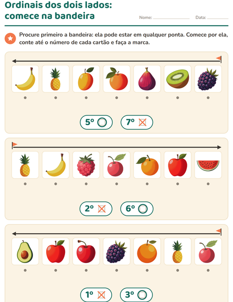 Pré-visualização da ficha de Números ordinais com Frutas para Educação infantil (pré-escola, 5-7 anos)