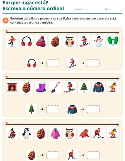 Pré-visualização da ficha de Números ordinais com Inverno para 1º ano do ensino fundamental