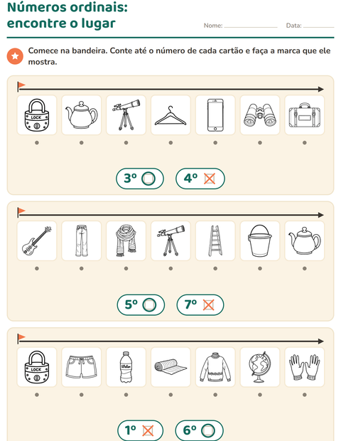 Pré-visualização da ficha de Números ordinais com Objetos PB para Educação infantil (pré-escola, 5-7 anos)