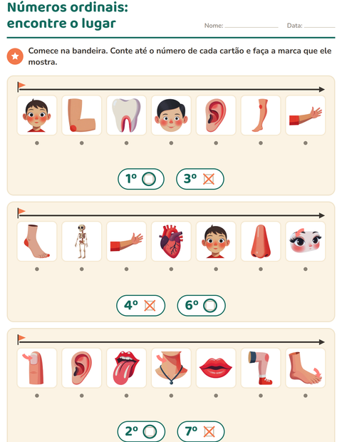 Pré-visualização da ficha de Números ordinais com Partes do corpo para Educação infantil (pré-escola, 5-7 anos)
