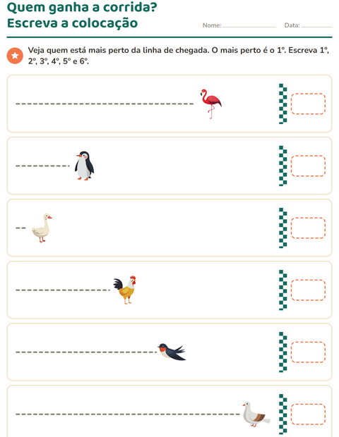 Pré-visualização da ficha de Números ordinais com Pássaros 2 para 1º ano do ensino fundamental