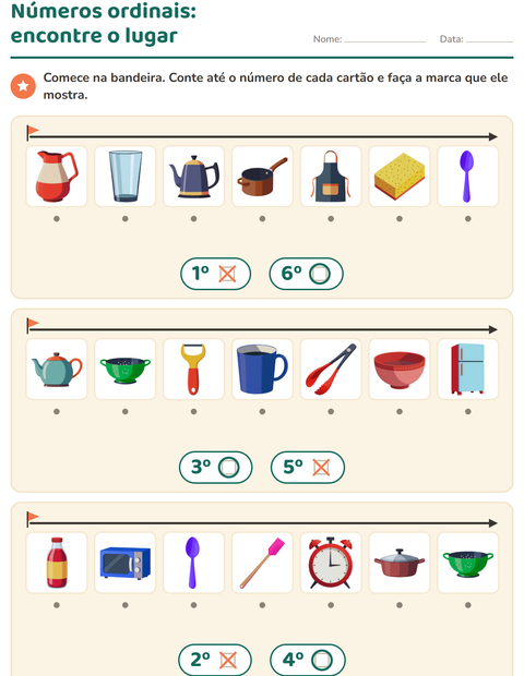 Pré-visualização da ficha de Números ordinais com Utensílios de cozinha para Educação infantil (pré-escola, 5-7 anos)
