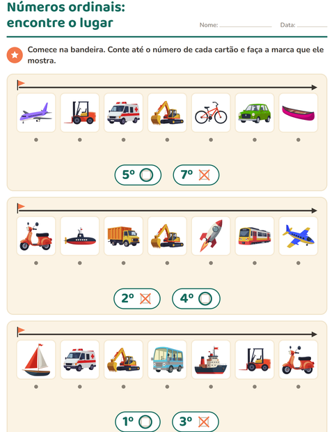 Pré-visualização da ficha de Números ordinais com Veículos para Educação infantil (pré-escola, 5-7 anos)