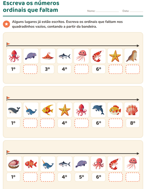 Pré-visualização da ficha de Números ordinais com Vida marinha para 1º ano do ensino fundamental