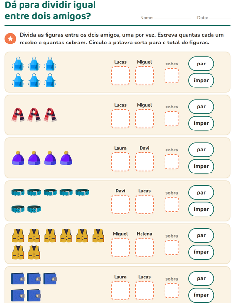 Pré-visualização da ficha de Números pares e ímpares com Acessórios para 1º ano do ensino fundamental
