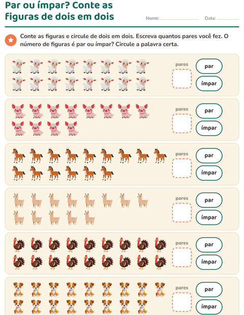 Pré-visualização da ficha de Números pares e ímpares com Animais da fazenda para 1º ano do ensino fundamental