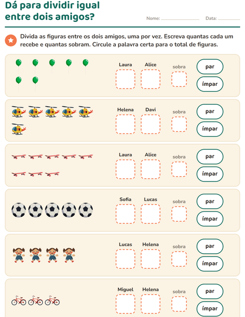 Pré-visualização da ficha de Números pares e ímpares com Brinquedos para 1º ano do ensino fundamental