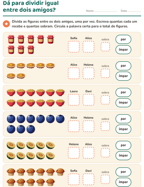 Pré-visualização da ficha de Números pares e ímpares com Café da manhã para 1º ano do ensino fundamental