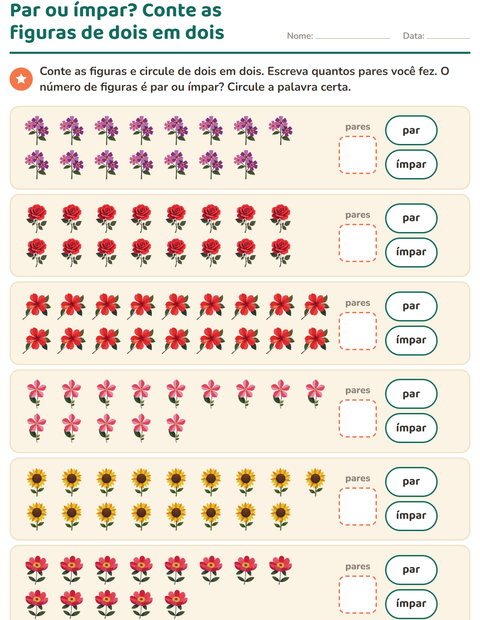 Pré-visualização da ficha de Números pares e ímpares com Flores para 1º ano do ensino fundamental