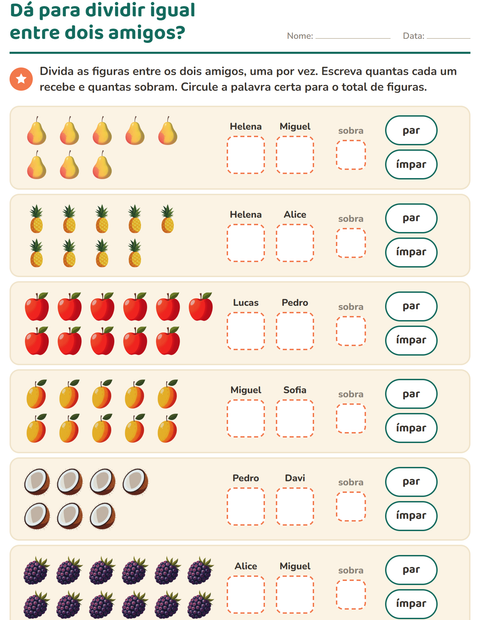 Pré-visualização da ficha de Números pares e ímpares com Frutas para 1º ano do ensino fundamental