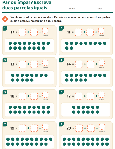 Pré-visualização da ficha de Números pares e ímpares para 2º ano do ensino fundamental