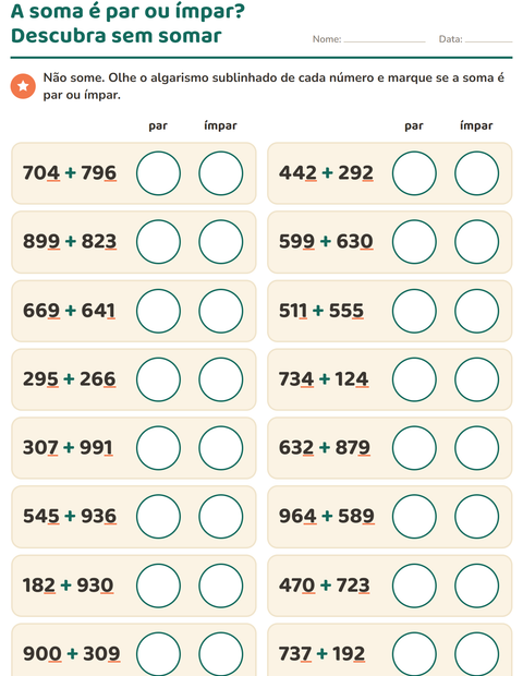 Pré-visualização da ficha de Números pares e ímpares para 3º ano do ensino fundamental