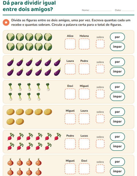 Pré-visualização da ficha de Números pares e ímpares com Vegetais para 1º ano do ensino fundamental