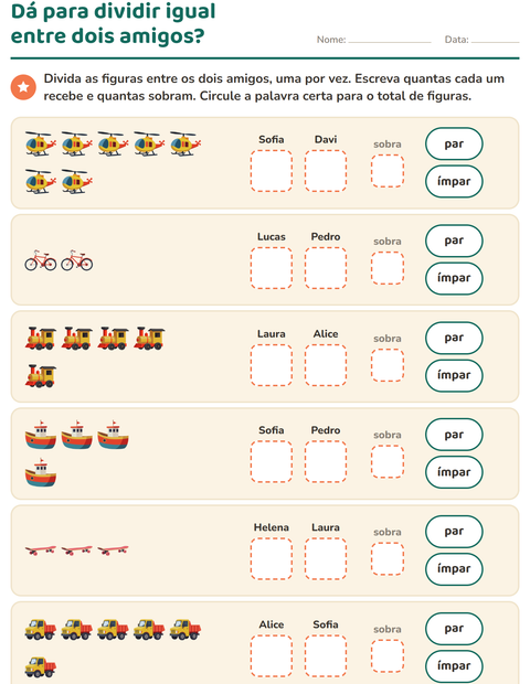 Pré-visualização da ficha de Números pares e ímpares com Brinquedos para 1º ano do ensino fundamental
